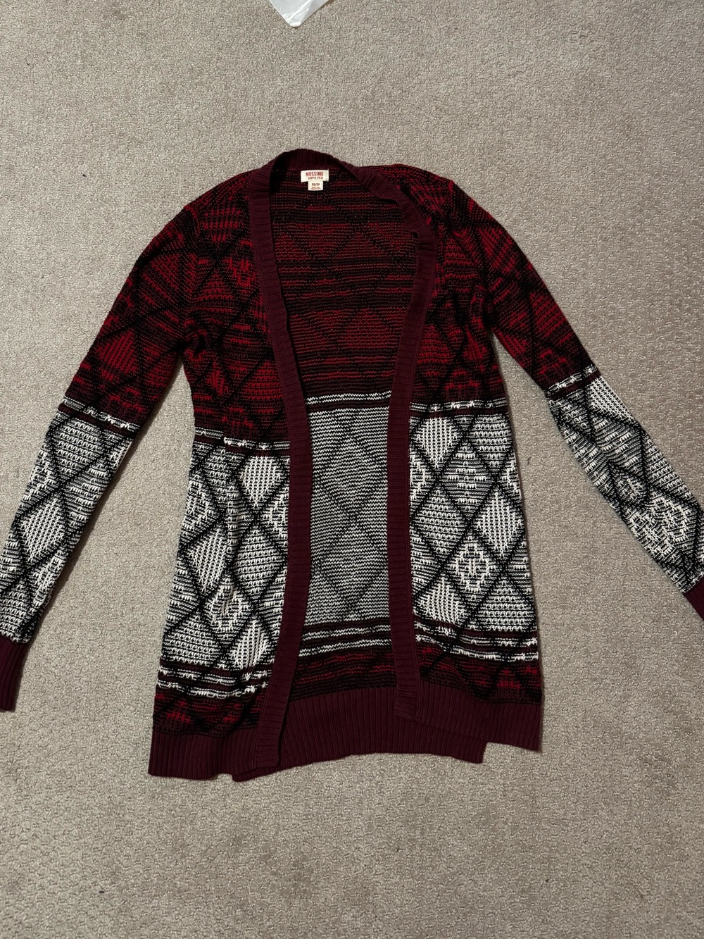 Mossimo Supply Co Size XSBurgundy and Black Open-Front Geometric Cardigan